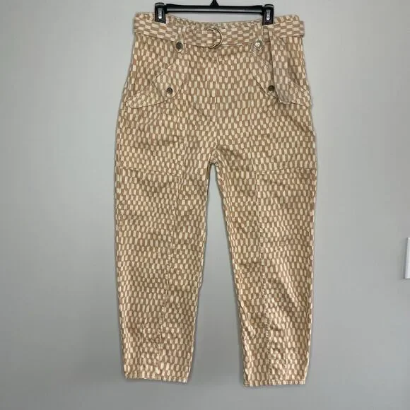 ULLA JOHNSON Waverly Printed Jeans Women 12 Tan Check Print Tapered 100% Cotton - Picture 2 of 14